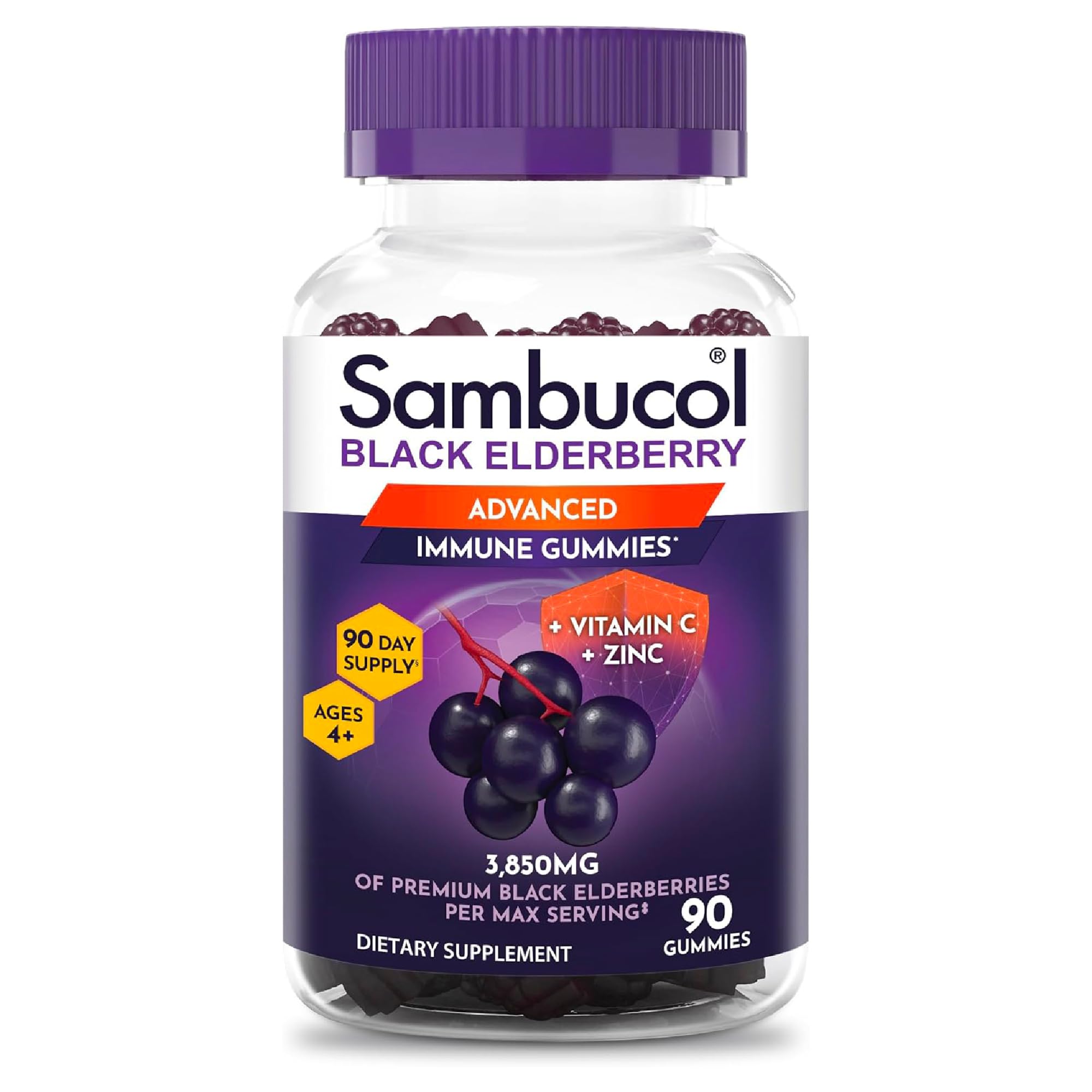 Front view of Sambucol Elderberry Gummies 90 count bottle
