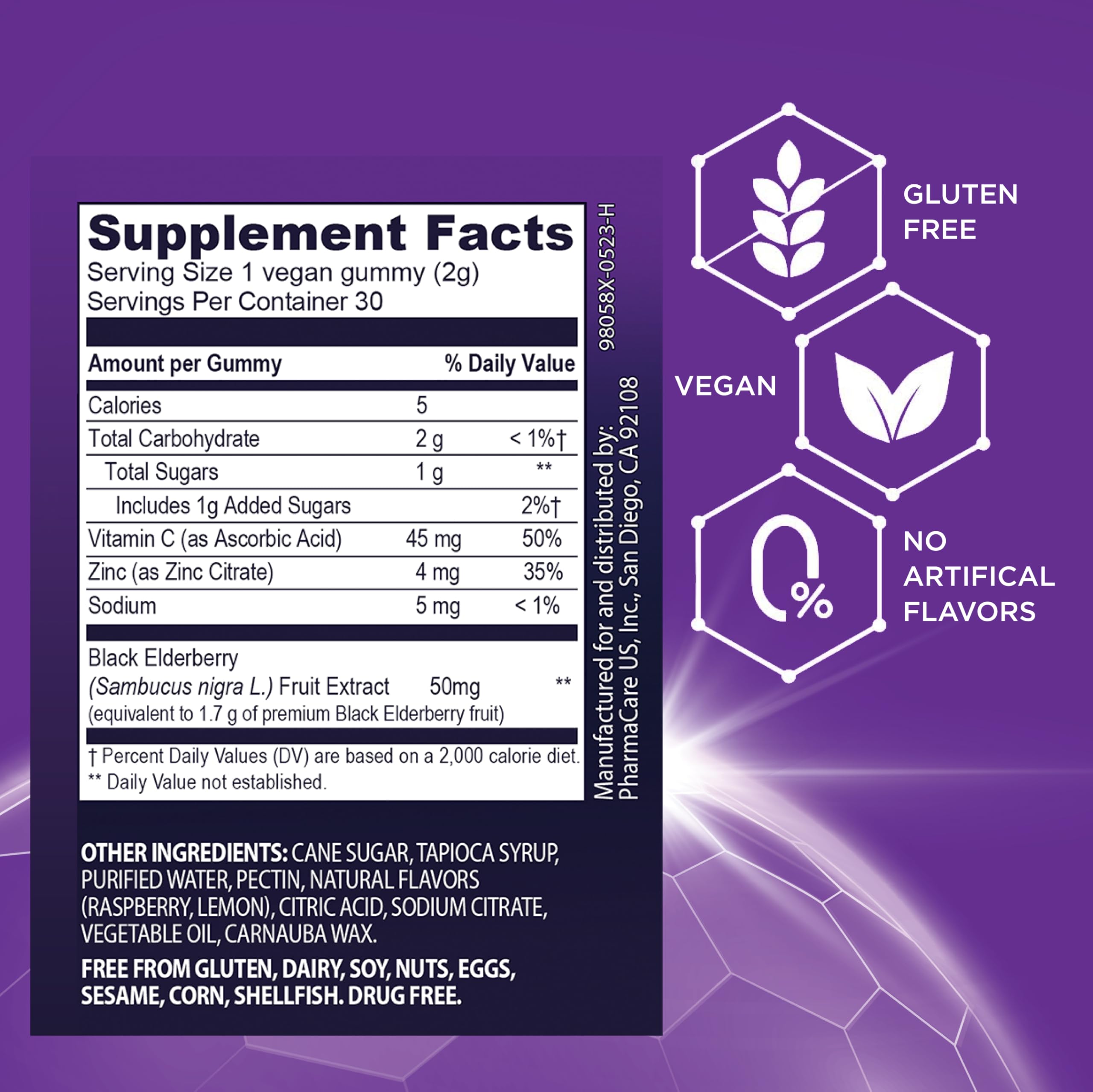 Close-up of Sambucol elderberry gummies label