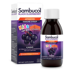 Front view of Sambucol Black Elderberry Syrup for Kids bottle