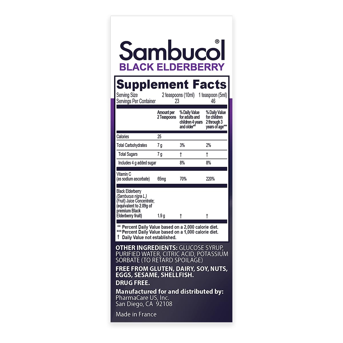 Side view of Sambucol Black Elderberry Syrup for Kids bottle