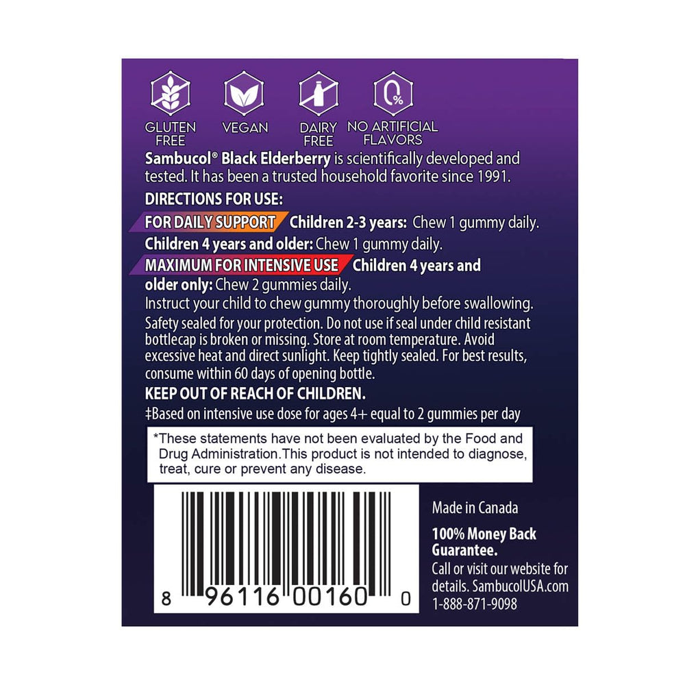 Dosage guide chart for Sambucol Kids Elderberry Gummies
