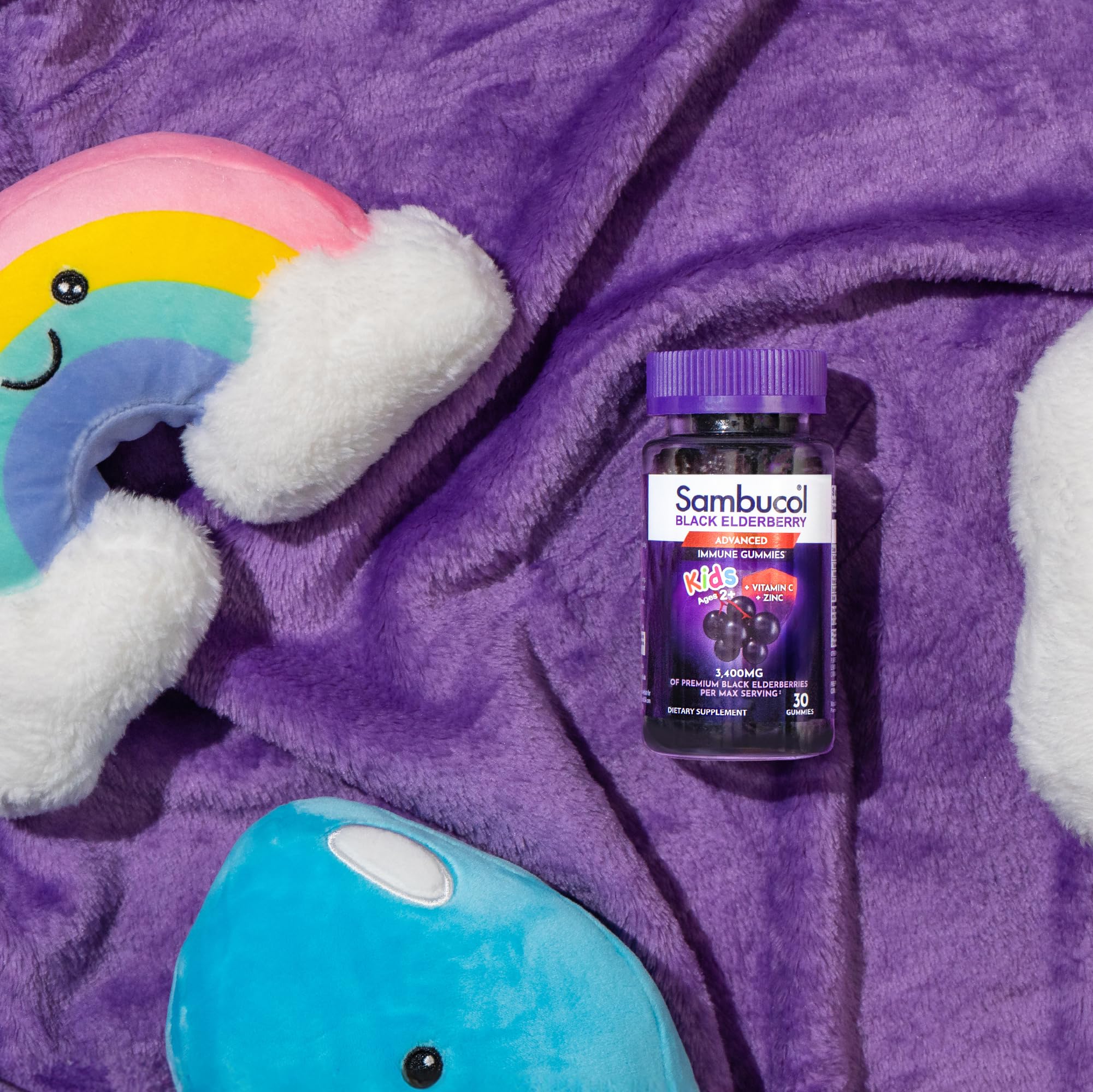 Child-friendly elderberry gummies on a surface