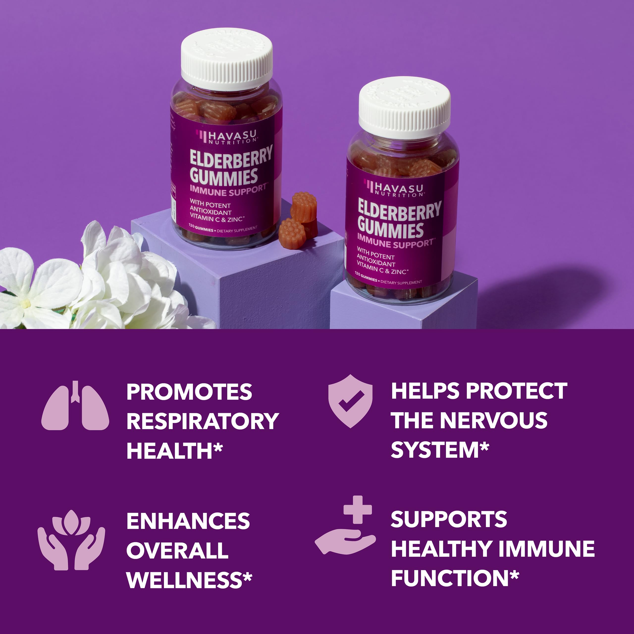 Adult taking an elderberry gummy for immune support