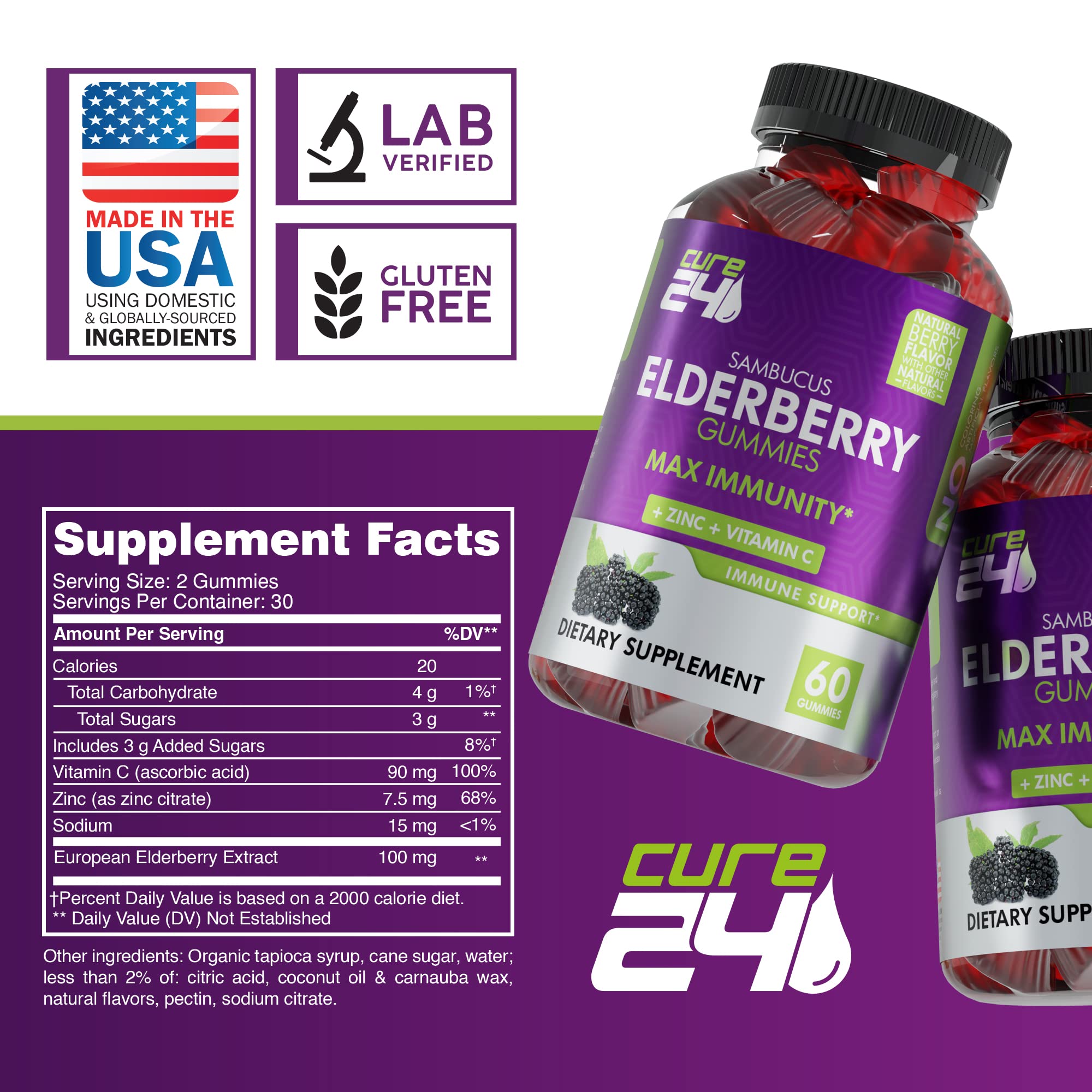 Serving guidelines showing adults and kids 4+ two gummies daily