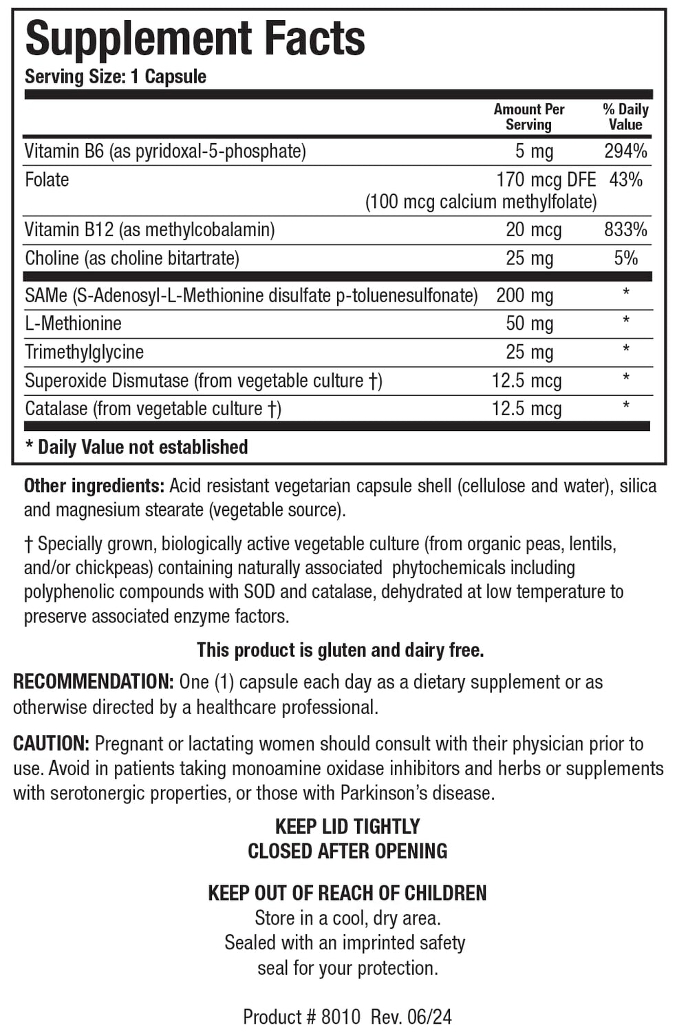 Back panel with supplement facts for SAMethylate Plus