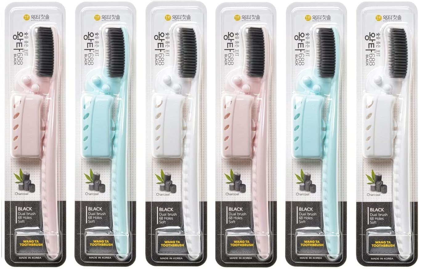 Samjung Wangta Soft Toothbrush with Charcoal – 6 Pack, Pink handle