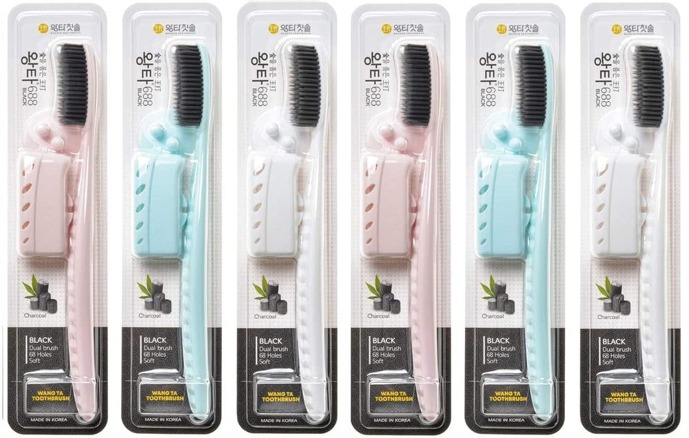 Samjung Wangta Soft Toothbrush with Charcoal – 6 Pack, Pink handle