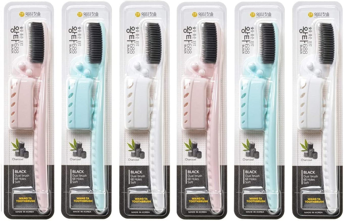 Samjung Wangta Soft Toothbrush with Charcoal – 6 Pack, Pink handle