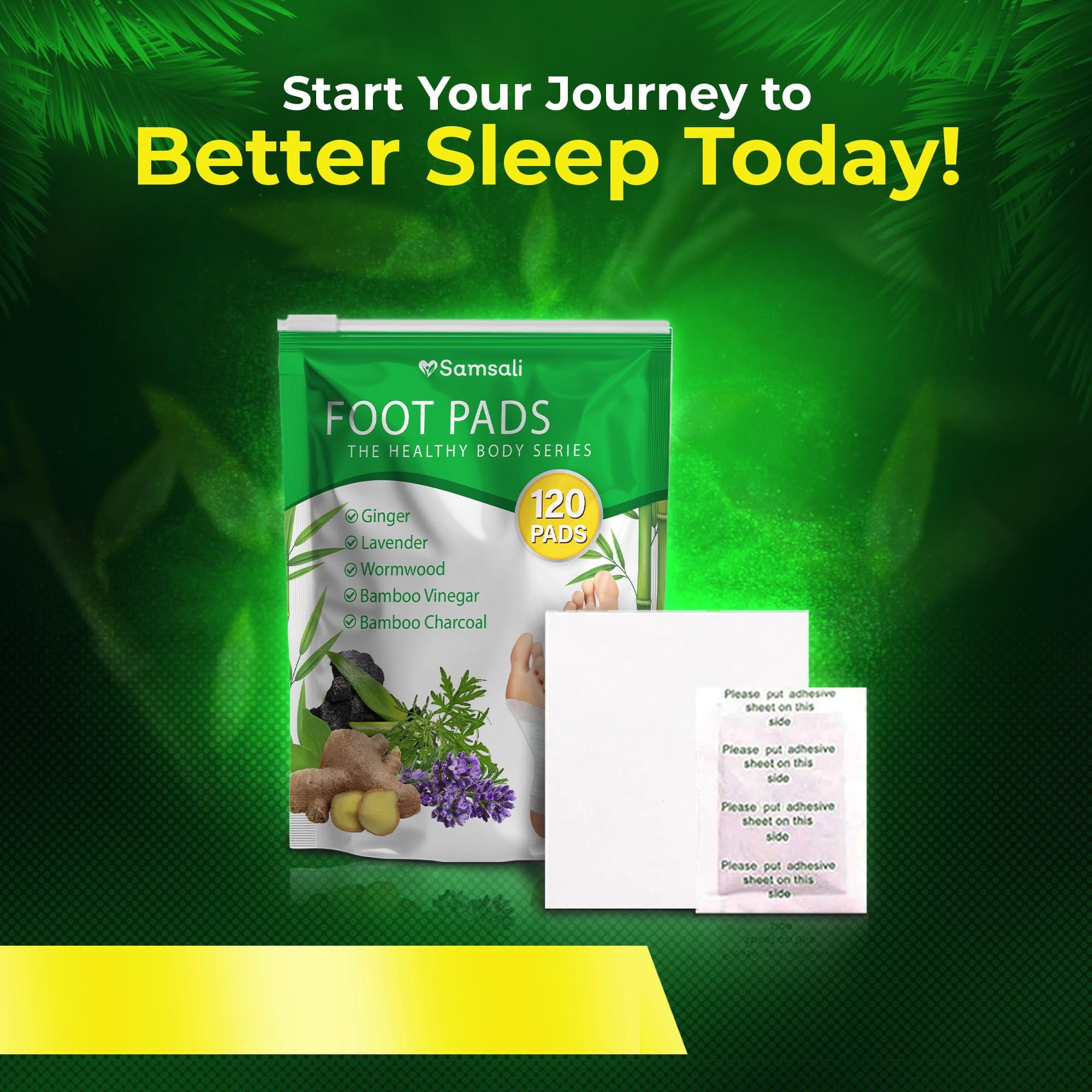 Packaging and 120-pack information for Samsali Ginger Foot Pads