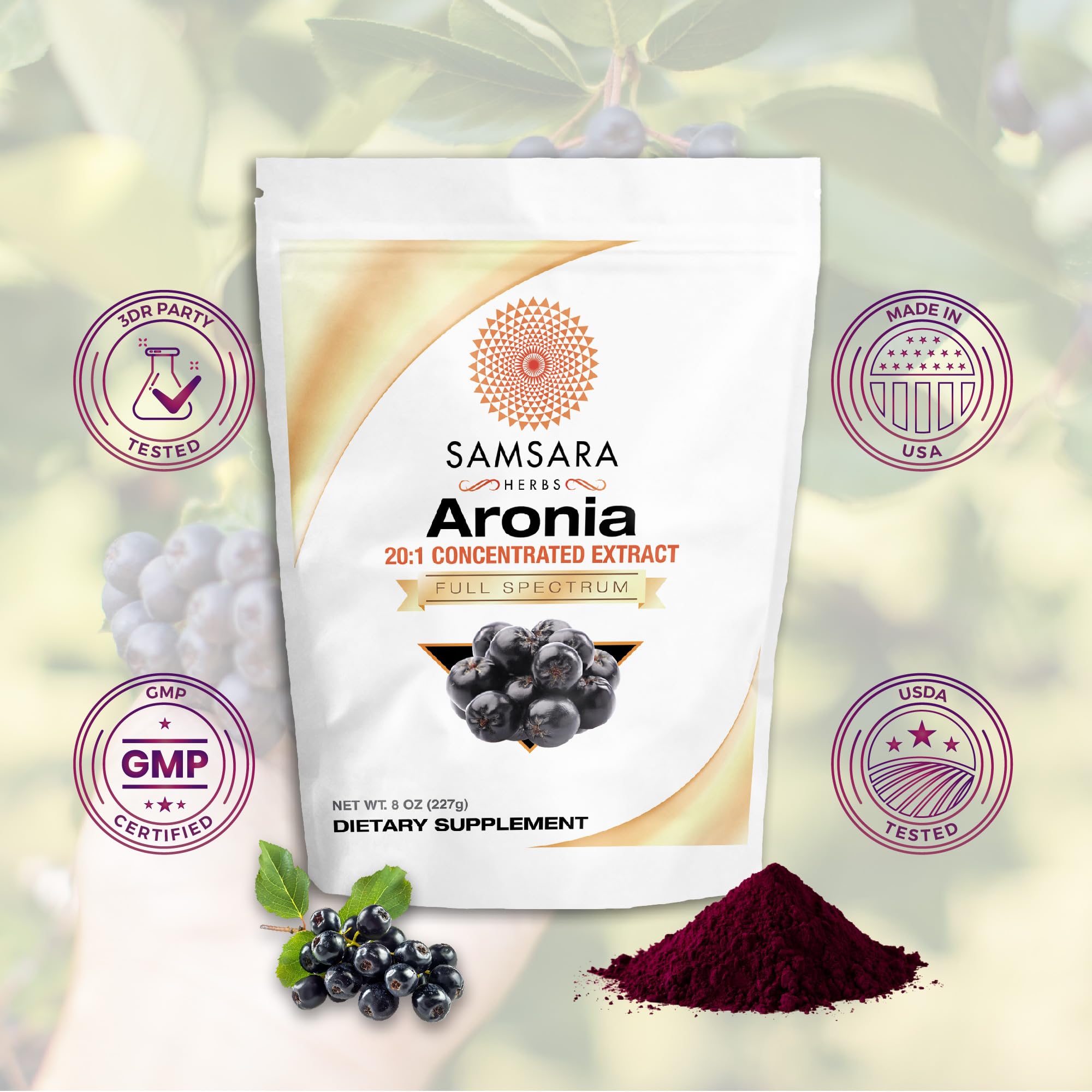 8oz container of Samsara Herbs Aronia Berry 20:1 Extract Powder