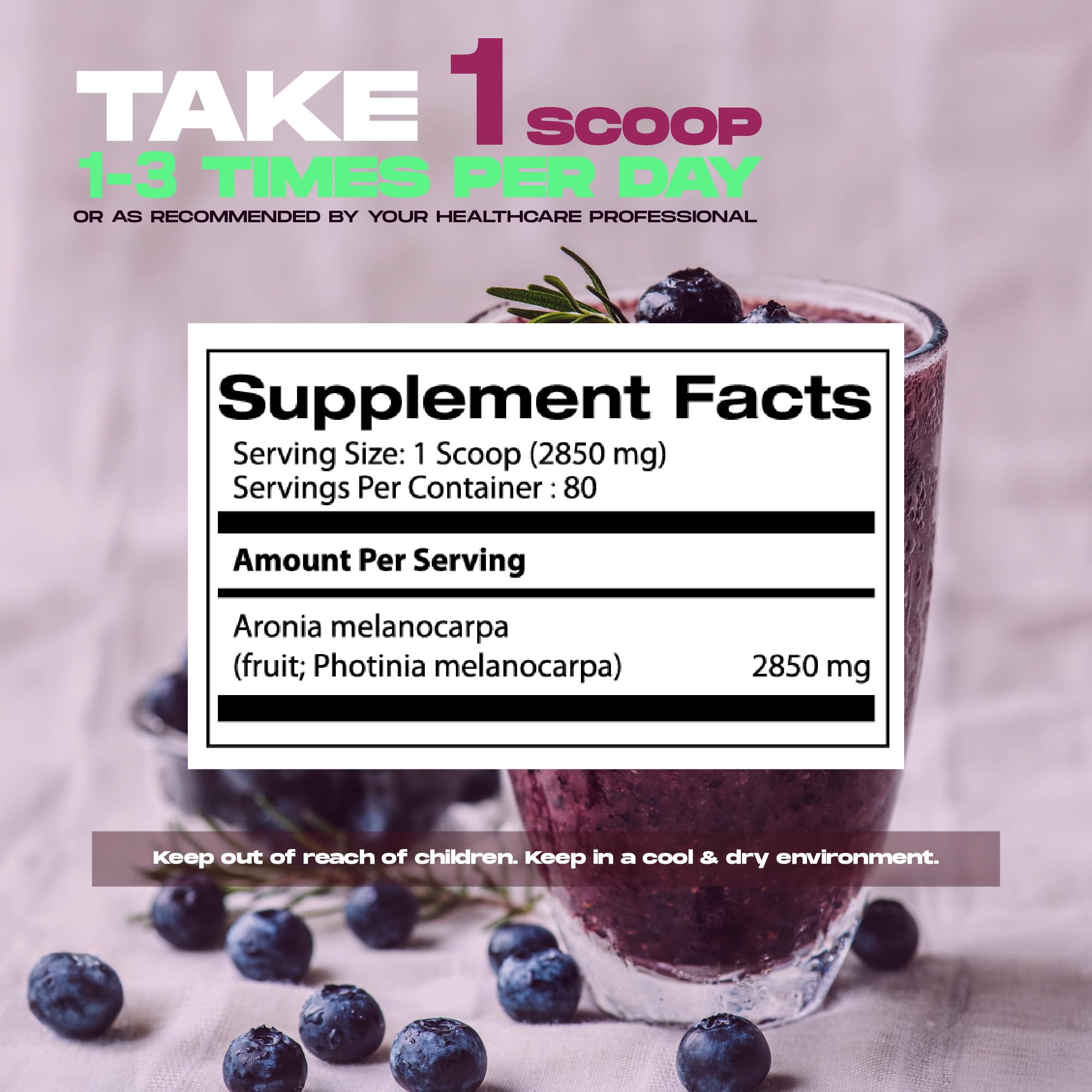 Back of bottle showing supplement facts for Aronia powder