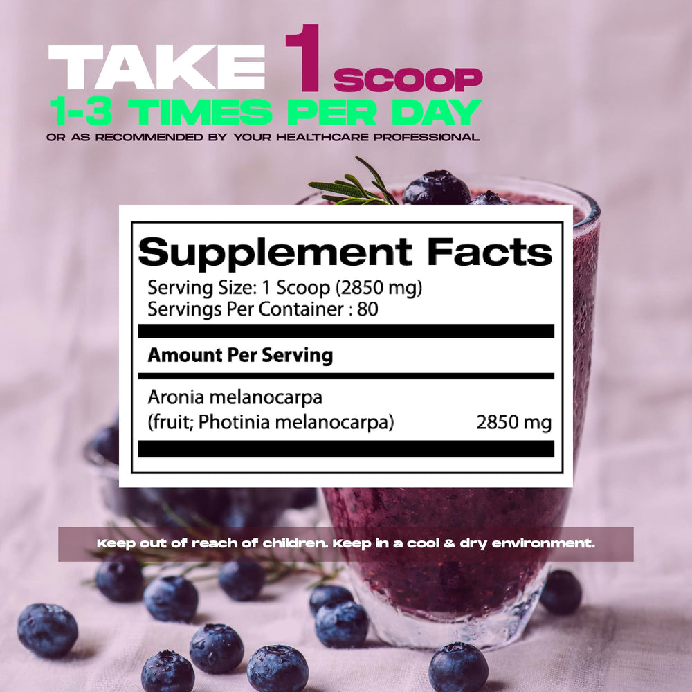 Back of bottle showing supplement facts for Aronia powder