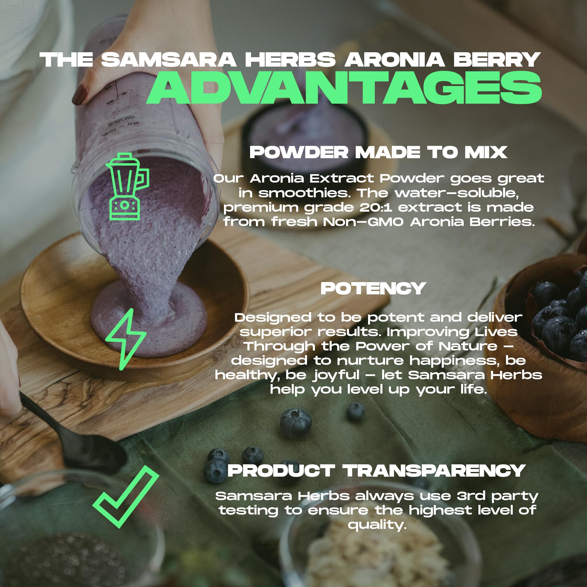 Front view of Samsara Herbs Aronia Berry 20:1 Extract Powder bottle