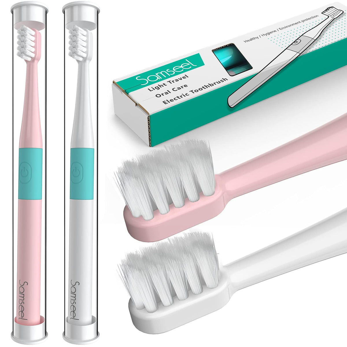 Samseel 2-Pack Sonic Electric Toothbrush White and Pink - front view