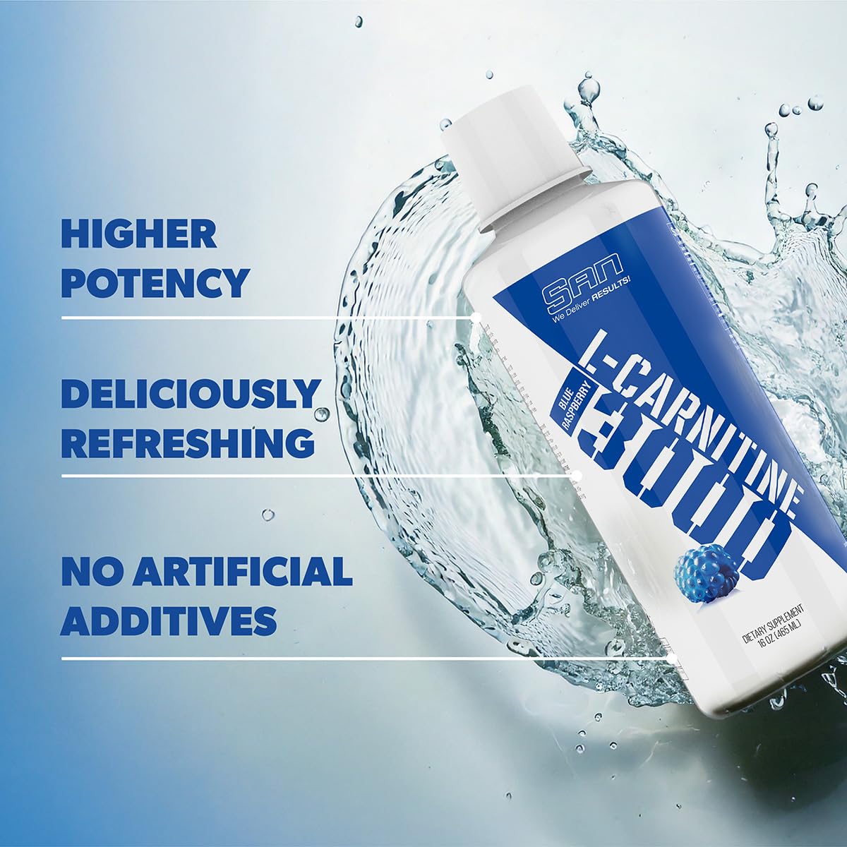 SAN L-Carnitine 3000 blue raspberry label closeup with branding and benefit
