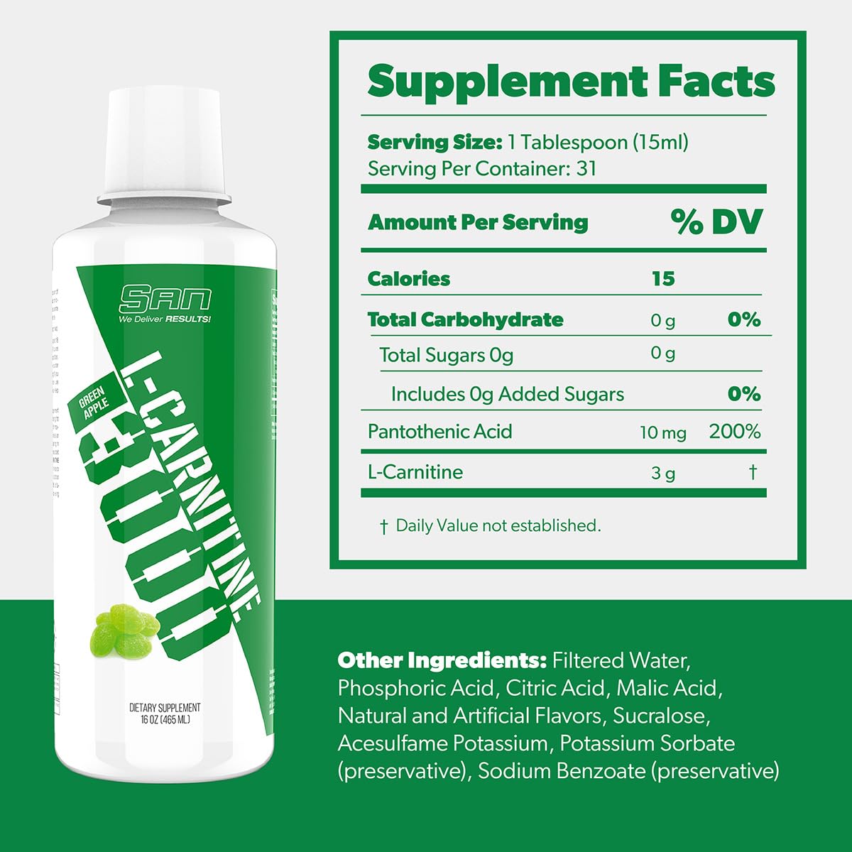 SAN Nutrition L-Carnitine 3000 green apple liquid pour showcasing fast absorption