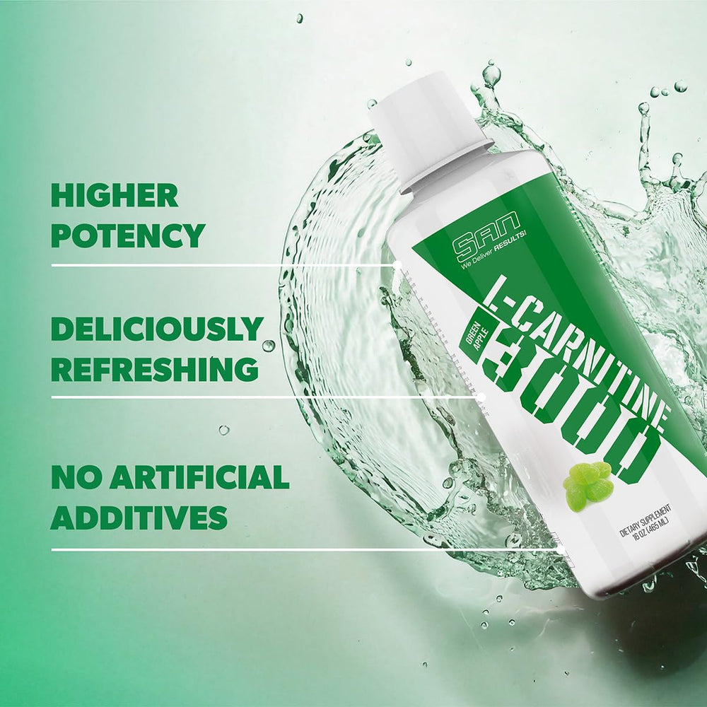 SAN Nutrition L-Carnitine 3000 green apple serving beside desk for on-the-go use