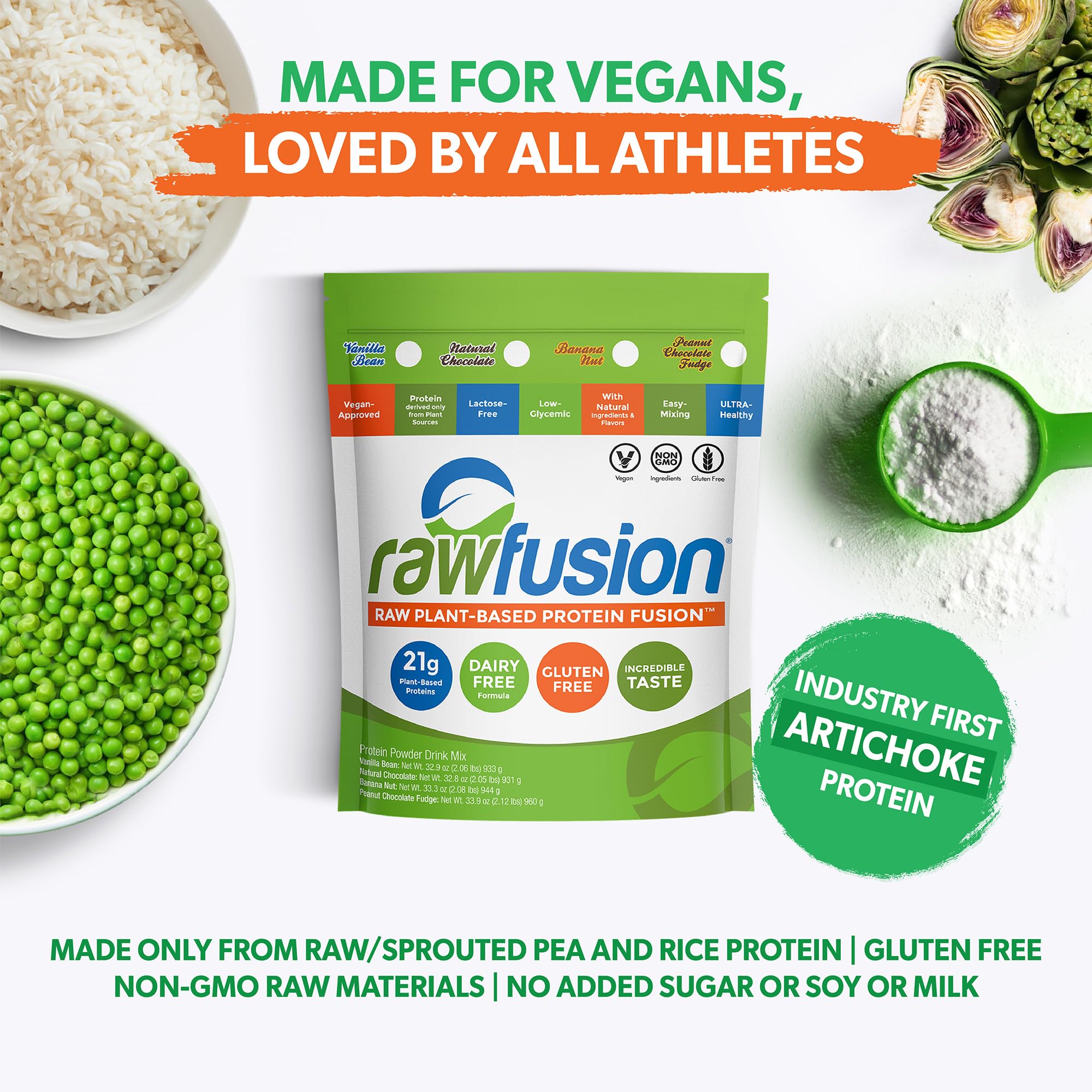 SAN Rawfusion artichoke pea brown rice blend box communicates vegan nutrition.