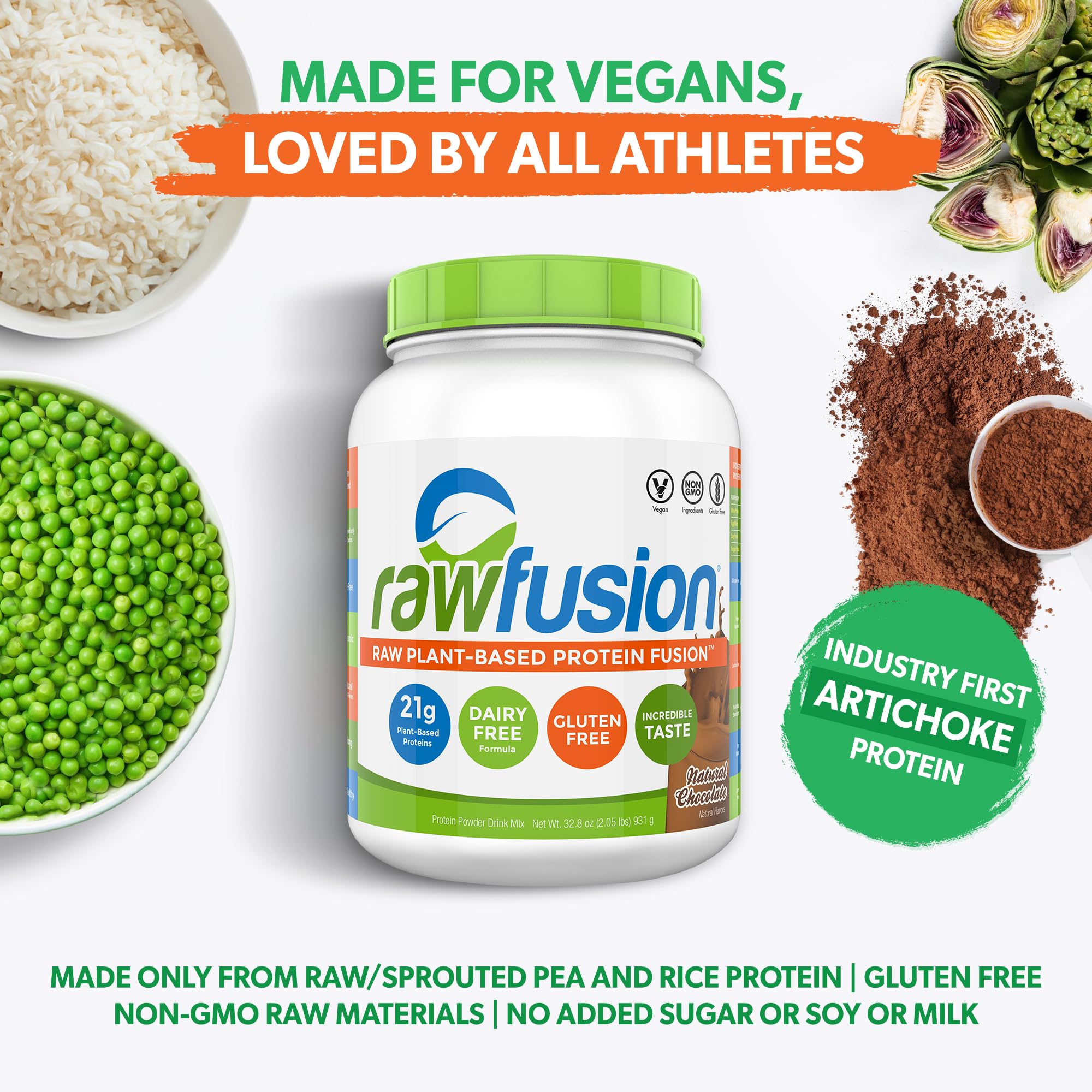 SAN Rawfusion brown rice protein close-up emphasizing gluten-free dairy-free plant nutrition