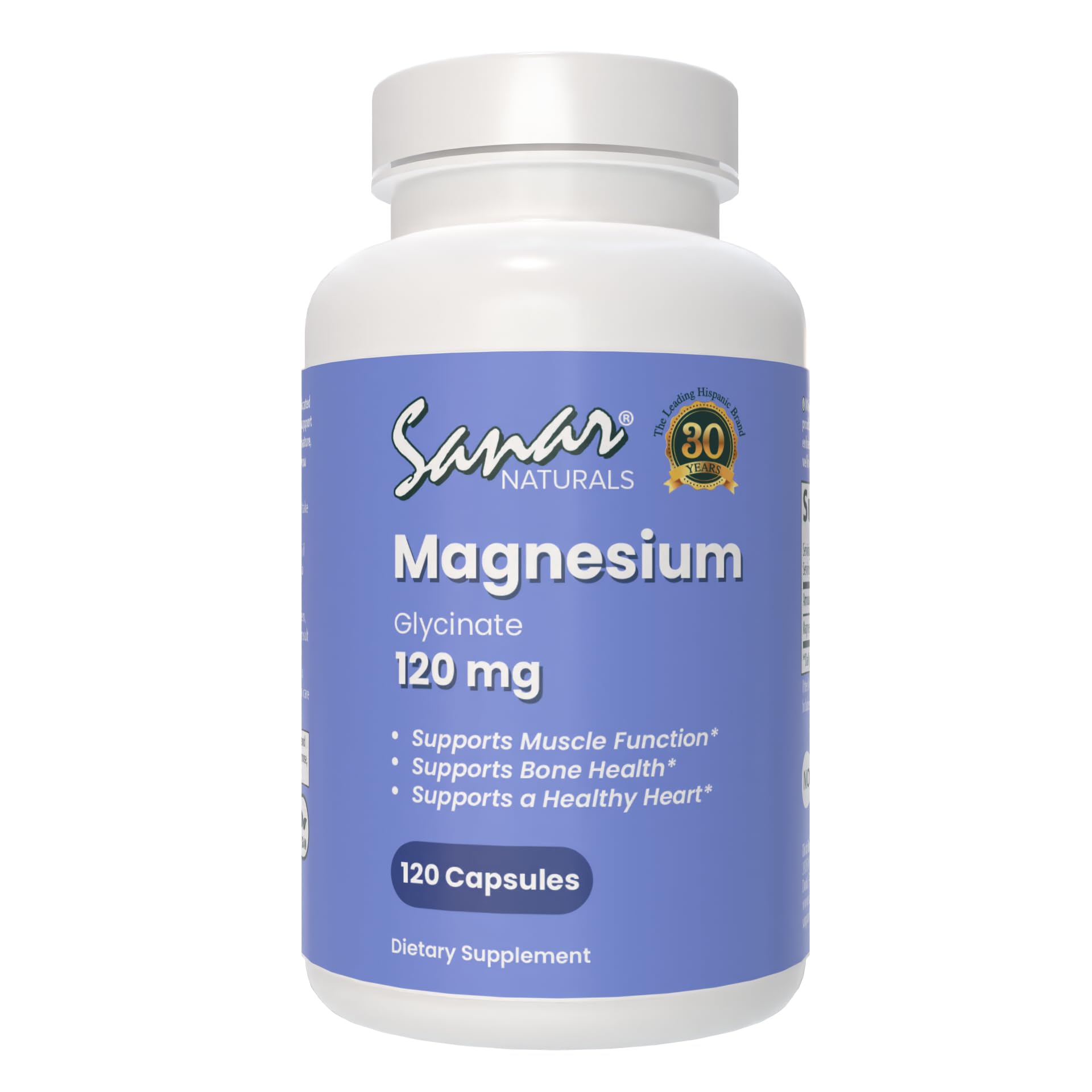 Front view of Sanar Naturals Magnesium Glycinate 120mg bottle with 120 capsules