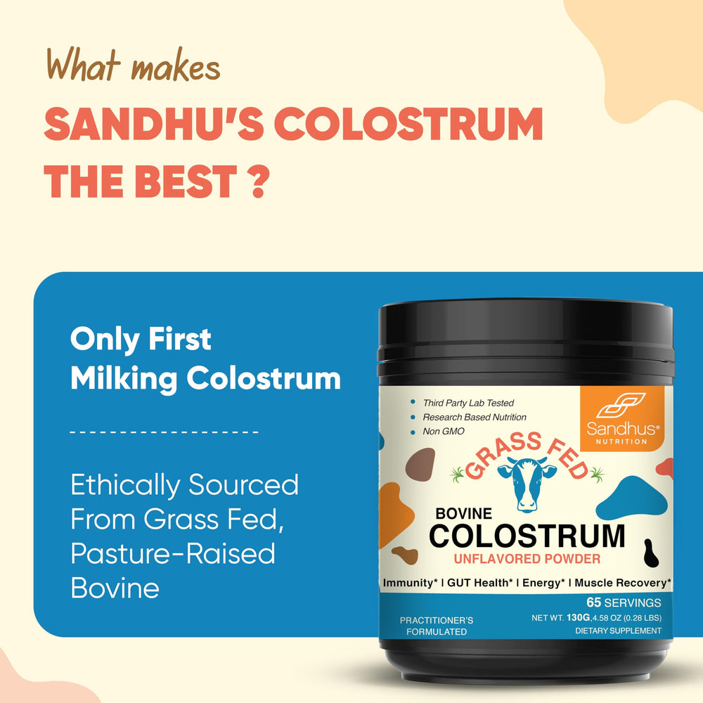 Packaging and scoop included with Sandhu's colostrum powder