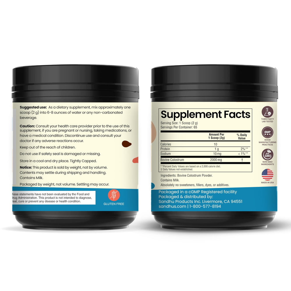 Unflavored bovine colostrum powder on a white background