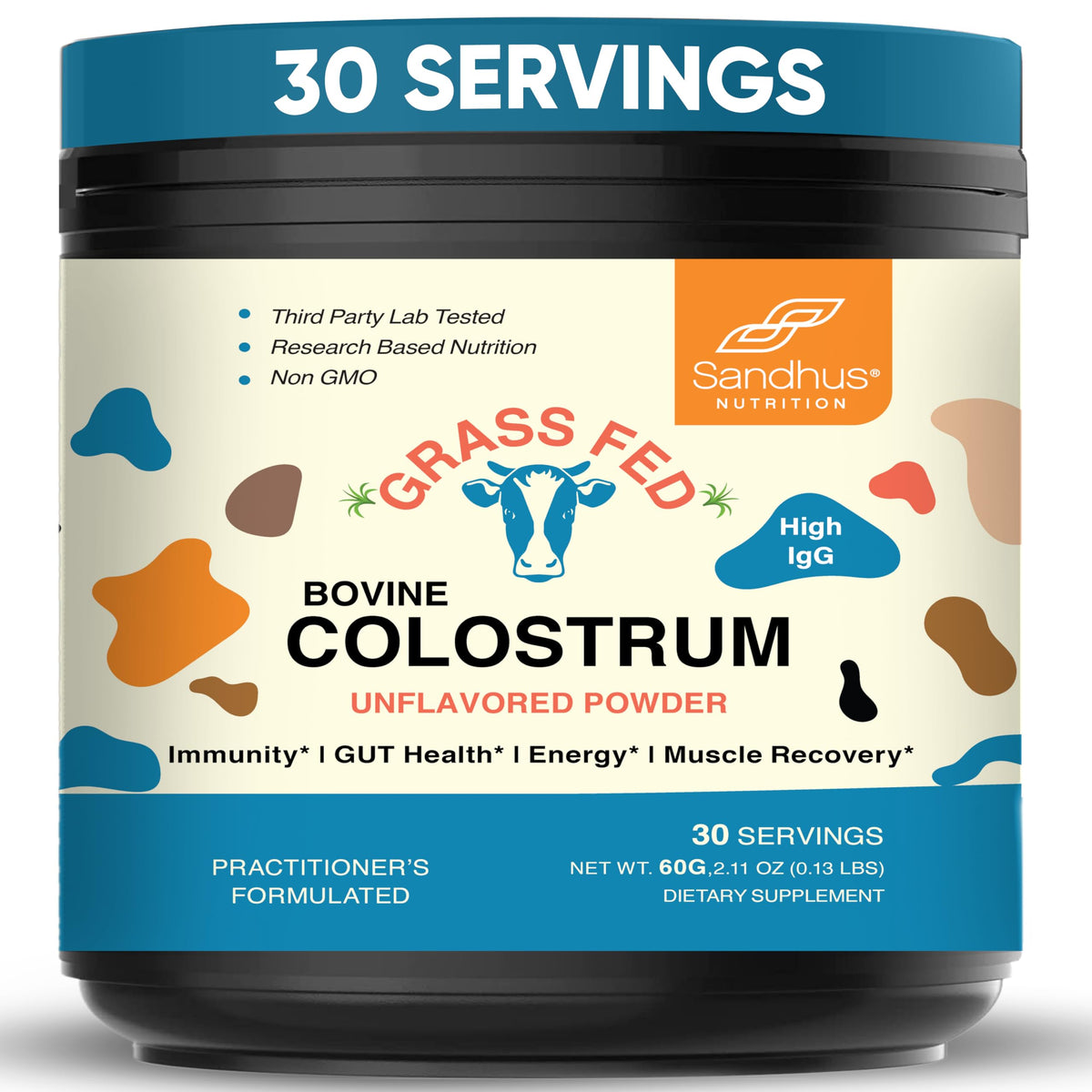 Front view of Sandhu's Grass Fed Bovine Colostrum Powder container