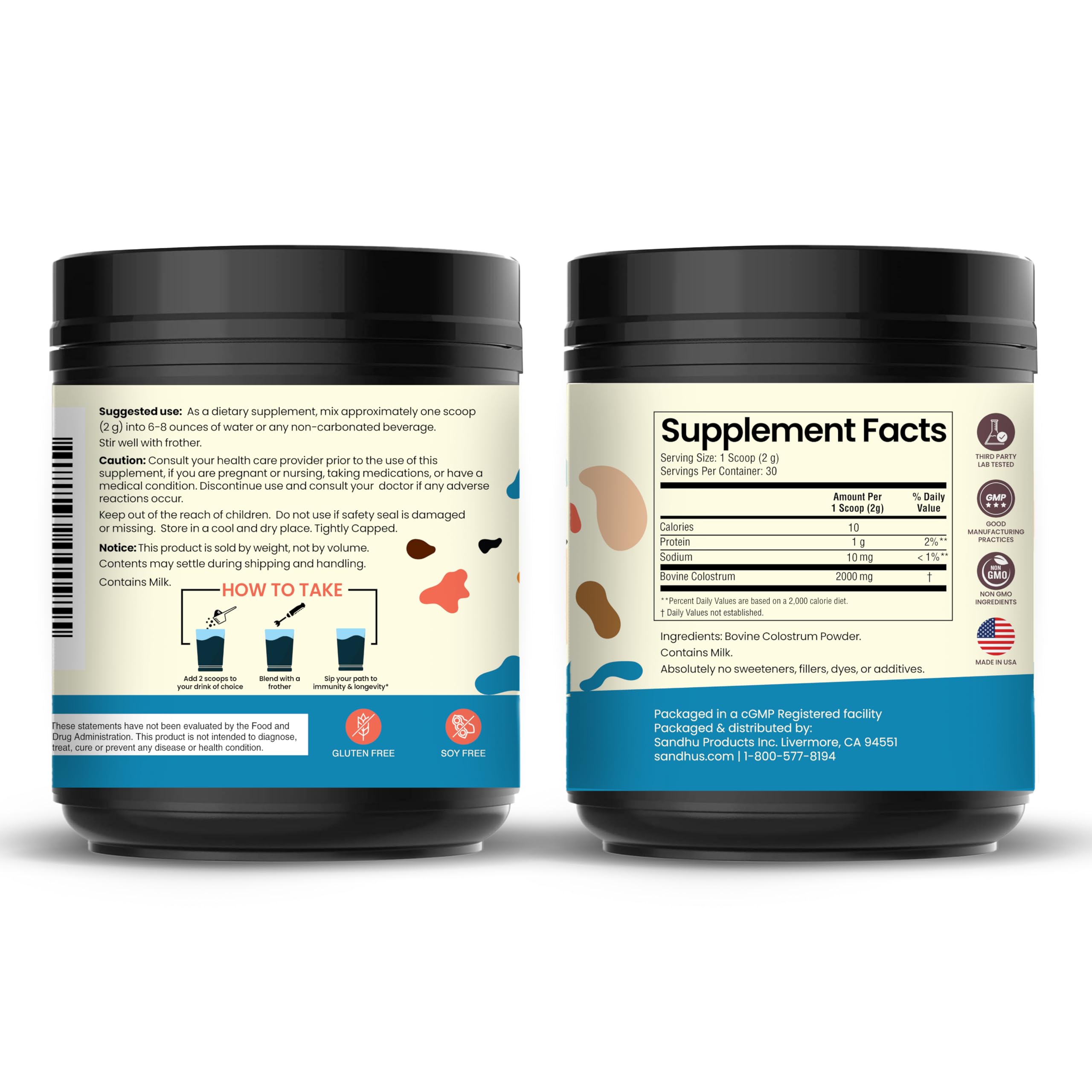 Nutritional information label on Sandhu's Colostrum Powder bottle