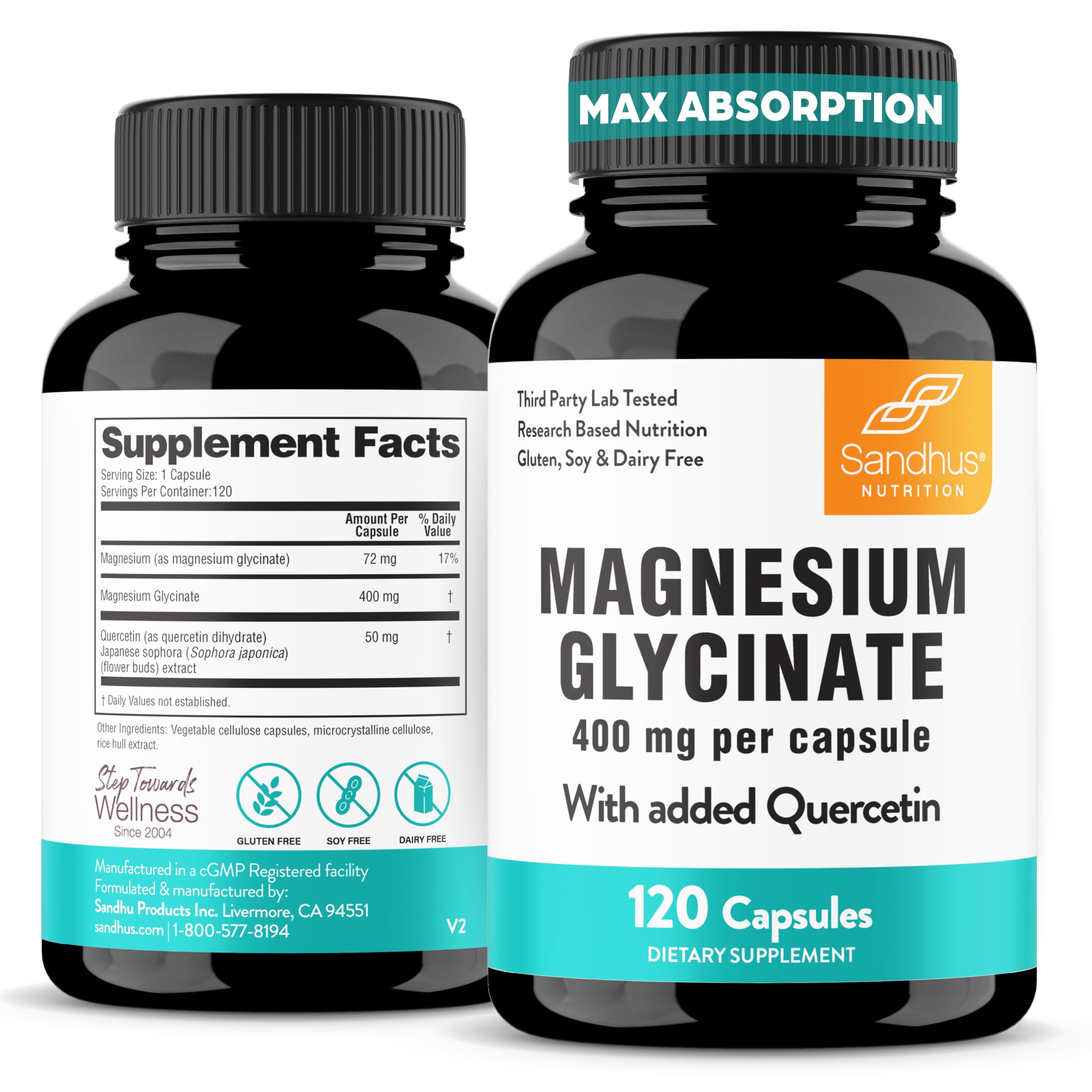 Front label of Sandhu's Magnesium Glycinate 400mg with Quercetin bottle