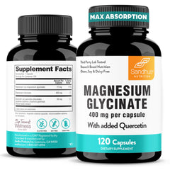Front label of Sandhu's Magnesium Glycinate 400mg with Quercetin bottle