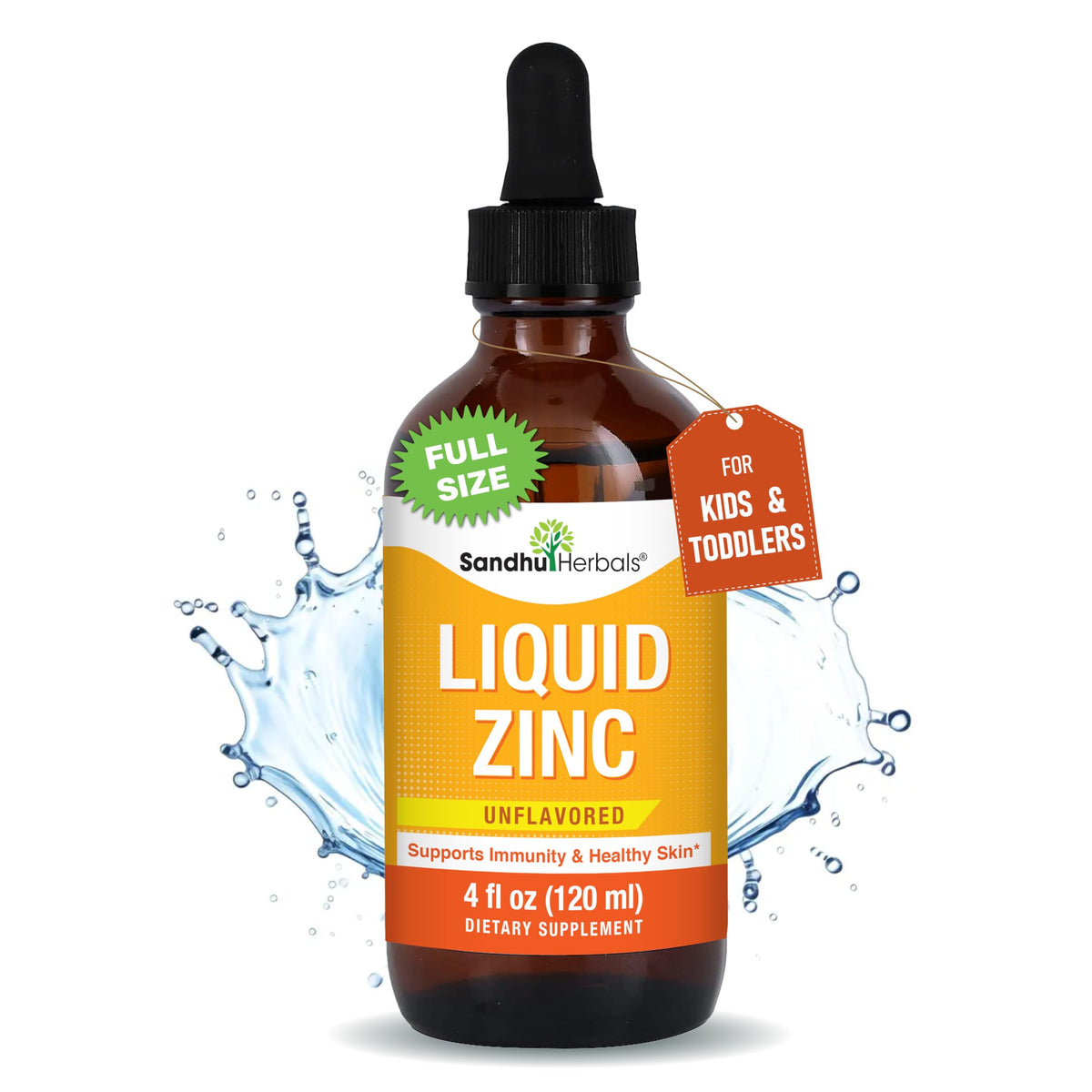 Sandhu Herbals Liquid Zinc for Kids in a 4 oz glass bottle