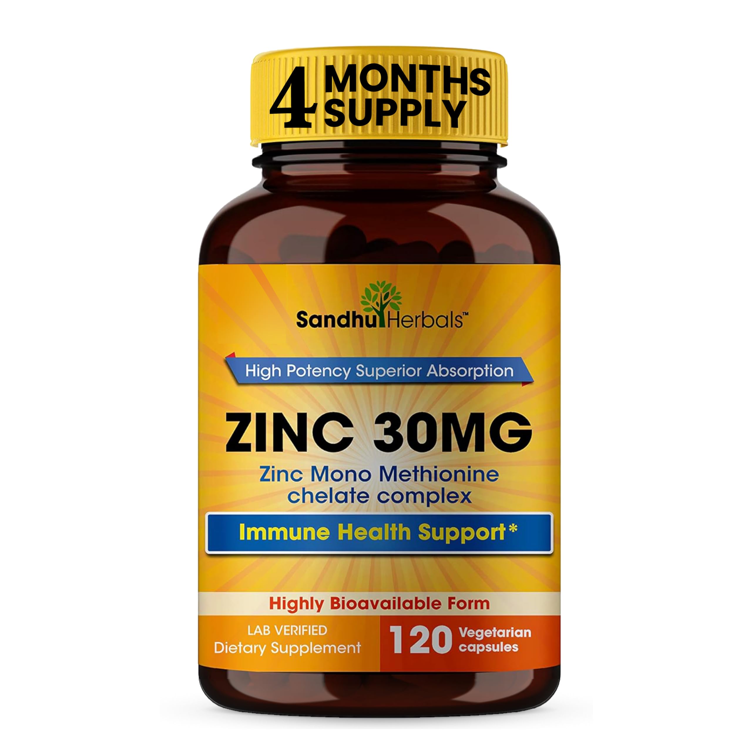 Bottle of SANDHUHERBALS Zinc 30mg Capsules with label