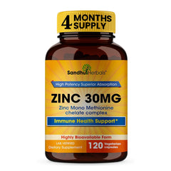 Bottle of SANDHUHERBALS Zinc 30mg Capsules with label