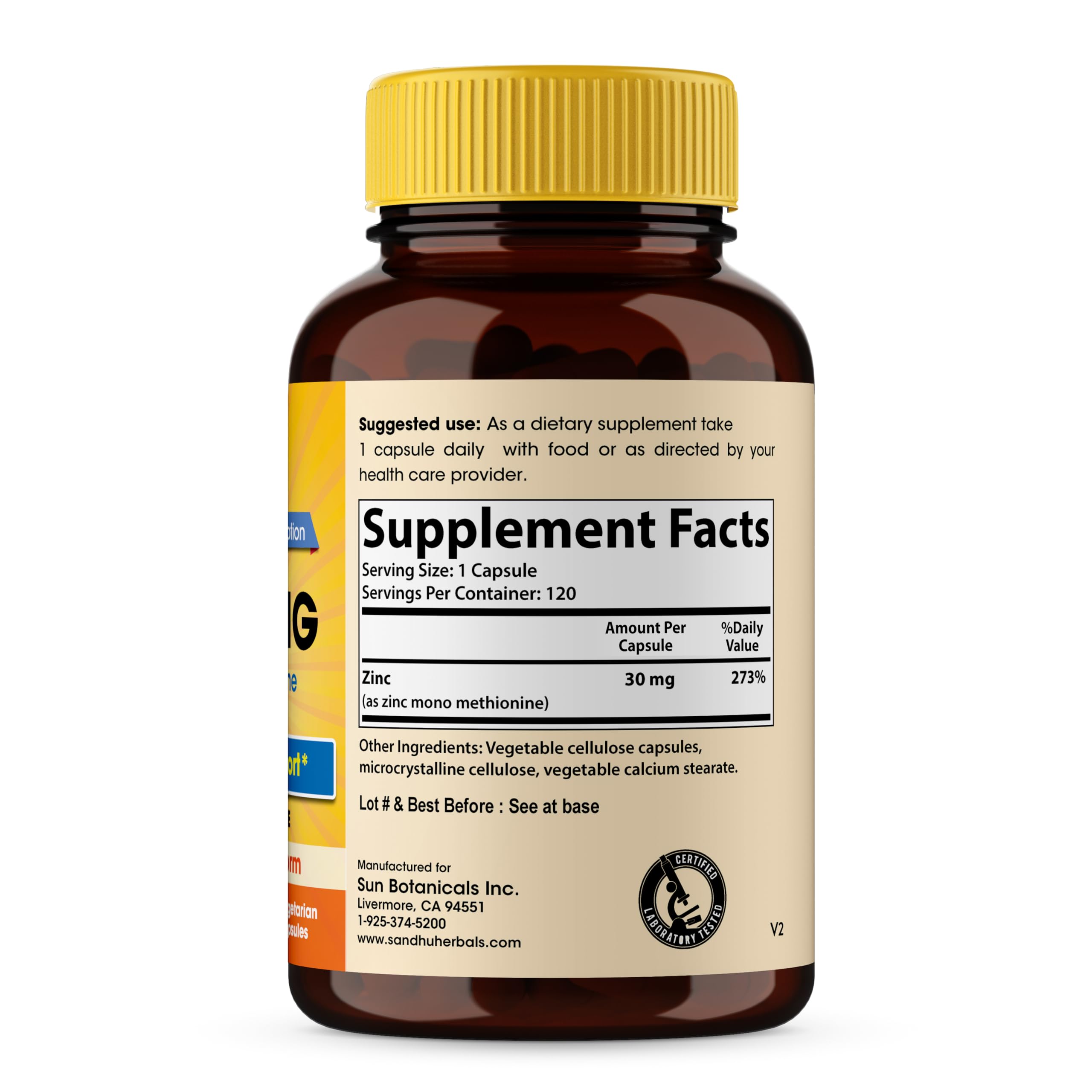 Supplement facts panel for Zinc 30mg capsules