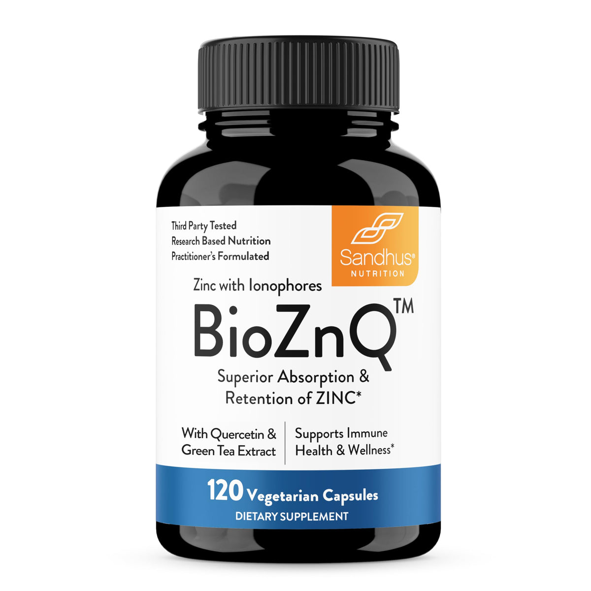Sandhu's BioZnq zinc supplement bottle