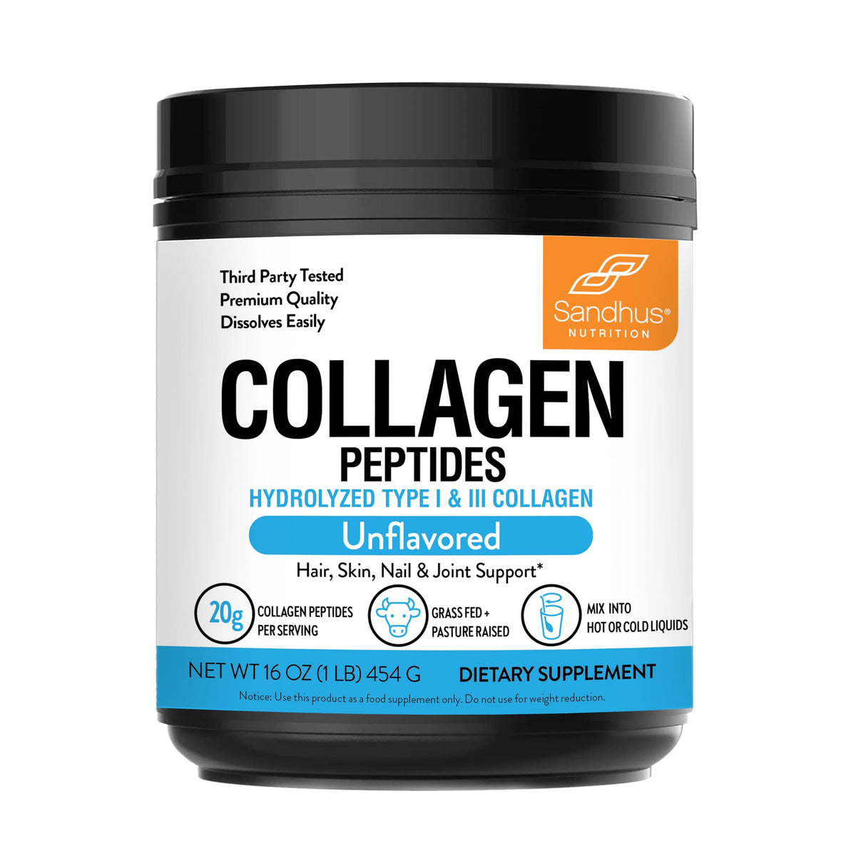 Front view of Sandhu's Collagen Peptides Powder 1 lb unflavored container
