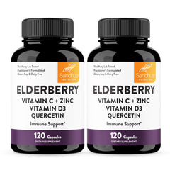 Bottle label of Sandhu's Elderberry Vitamin C Zinc D3 Quercetin 120-count