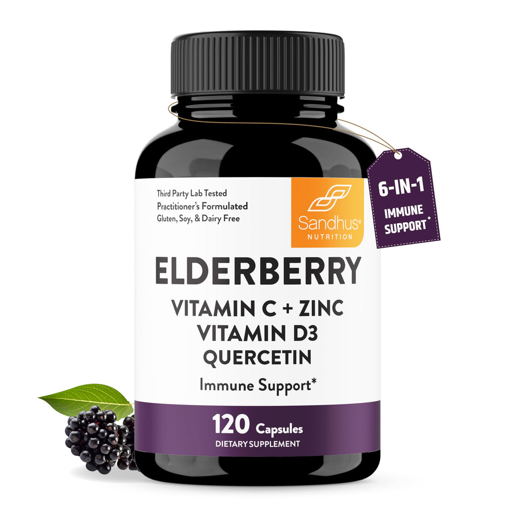Bottle of Sandhu's Elderberry Vitamin C, Zinc, D3 and Quercetin immune support capsules (hero image)