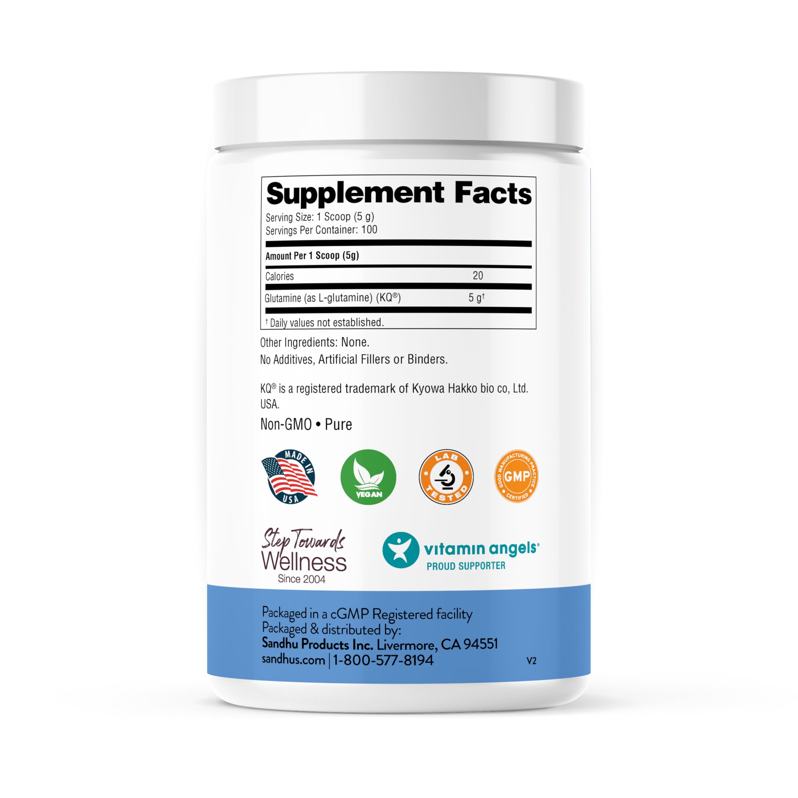 Side view of Sandhu's L-Glutamine powder bottle