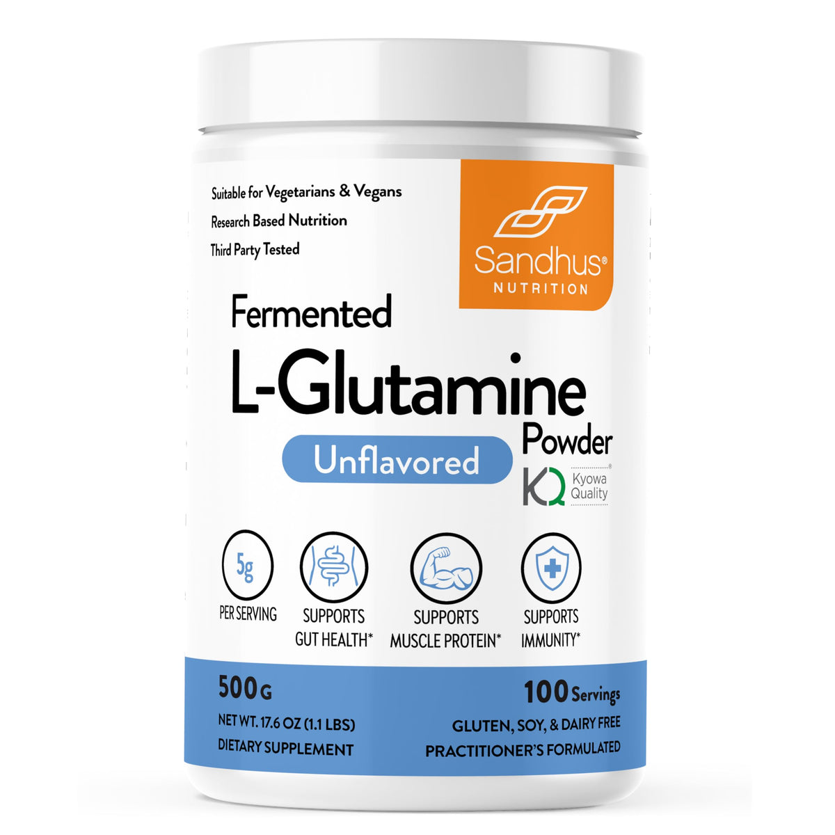 Front label of Sandhu's L-Glutamine powder bottle