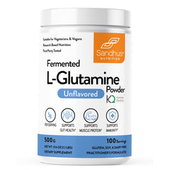 Front label of Sandhu's L-Glutamine powder bottle