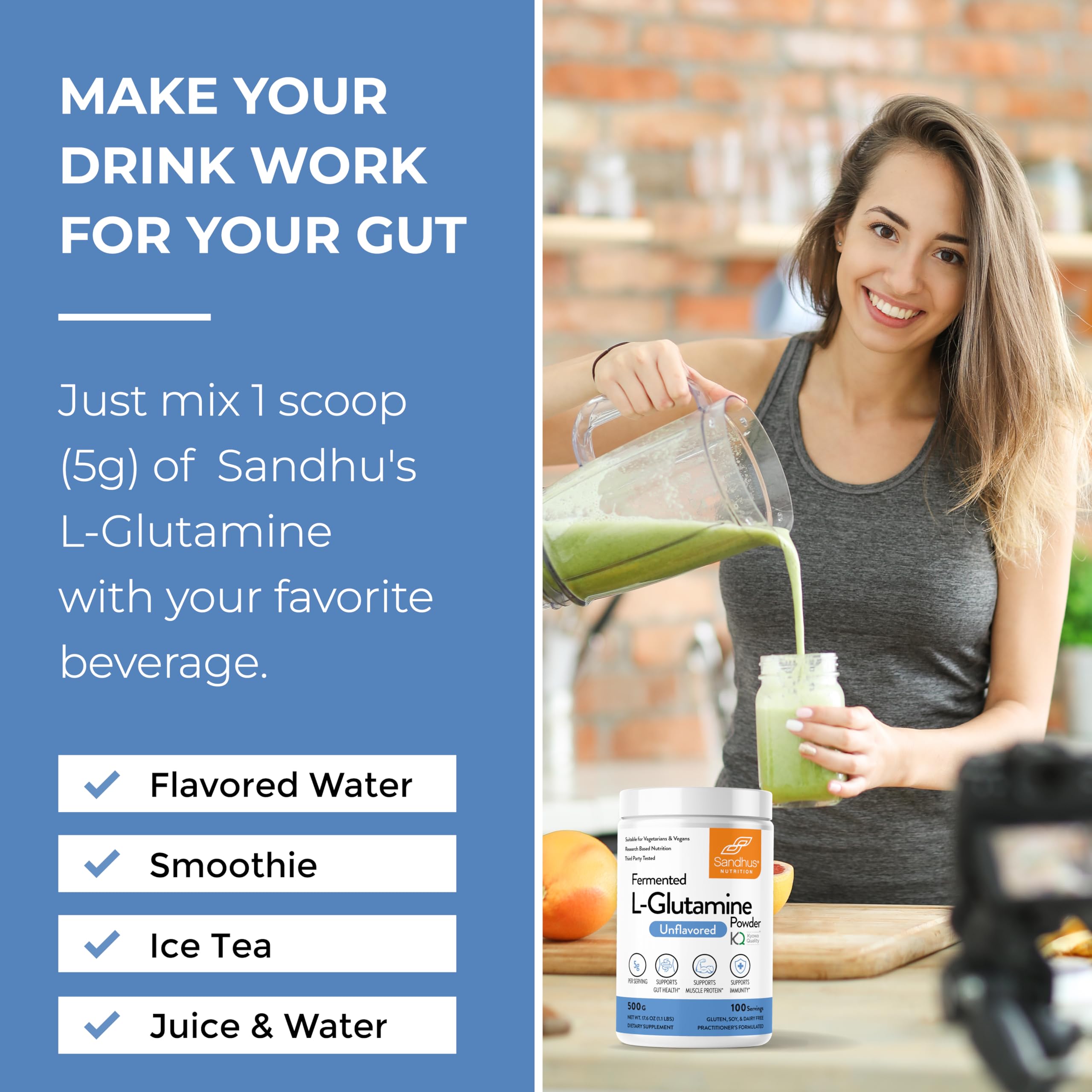 Serving suggestion with a scoop of L-Glutamine powder in water