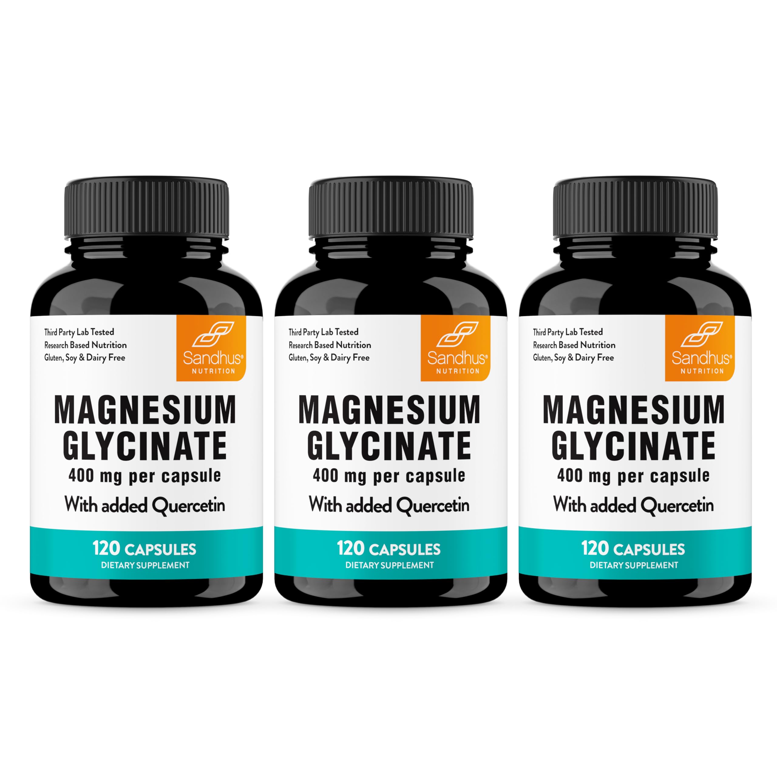Bottle of Sandhu's Magnesium Glycinate 400mg with Quercetin, 120 capsules (Pack of 3)