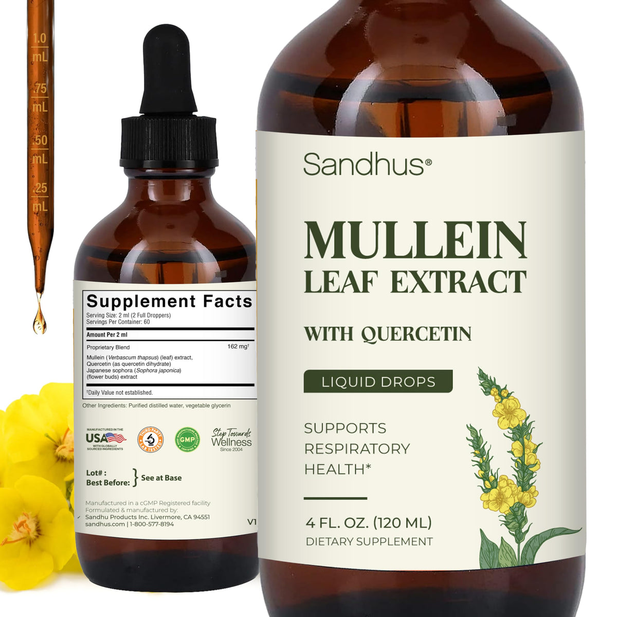 Front view of Sandhu's Mullein Drops 4oz bottle