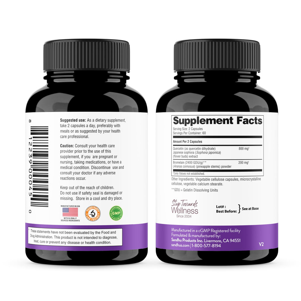 Bottle with packaging of Sandhu's Quercetin with Bromelain capsules