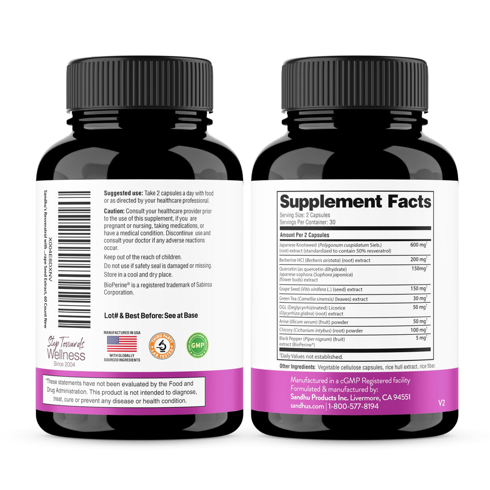 Two 60 capsule bottles pack of Sandhu's Resveratrol with Berberine