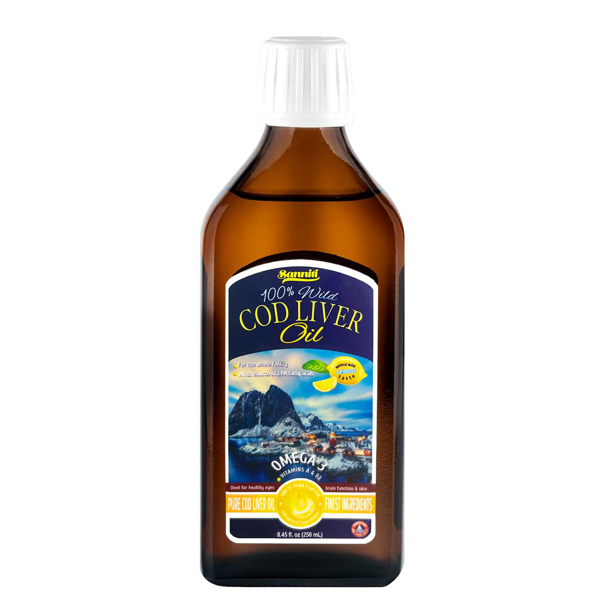 Sanniti cod liver oil bottle with lemon flavor 250 mL