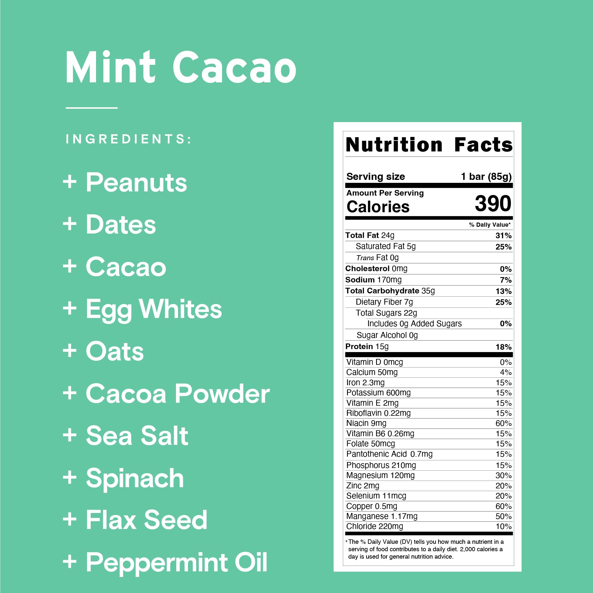 SANS Mint Cacao bar front view highlights mint cacao flavor and protein power
