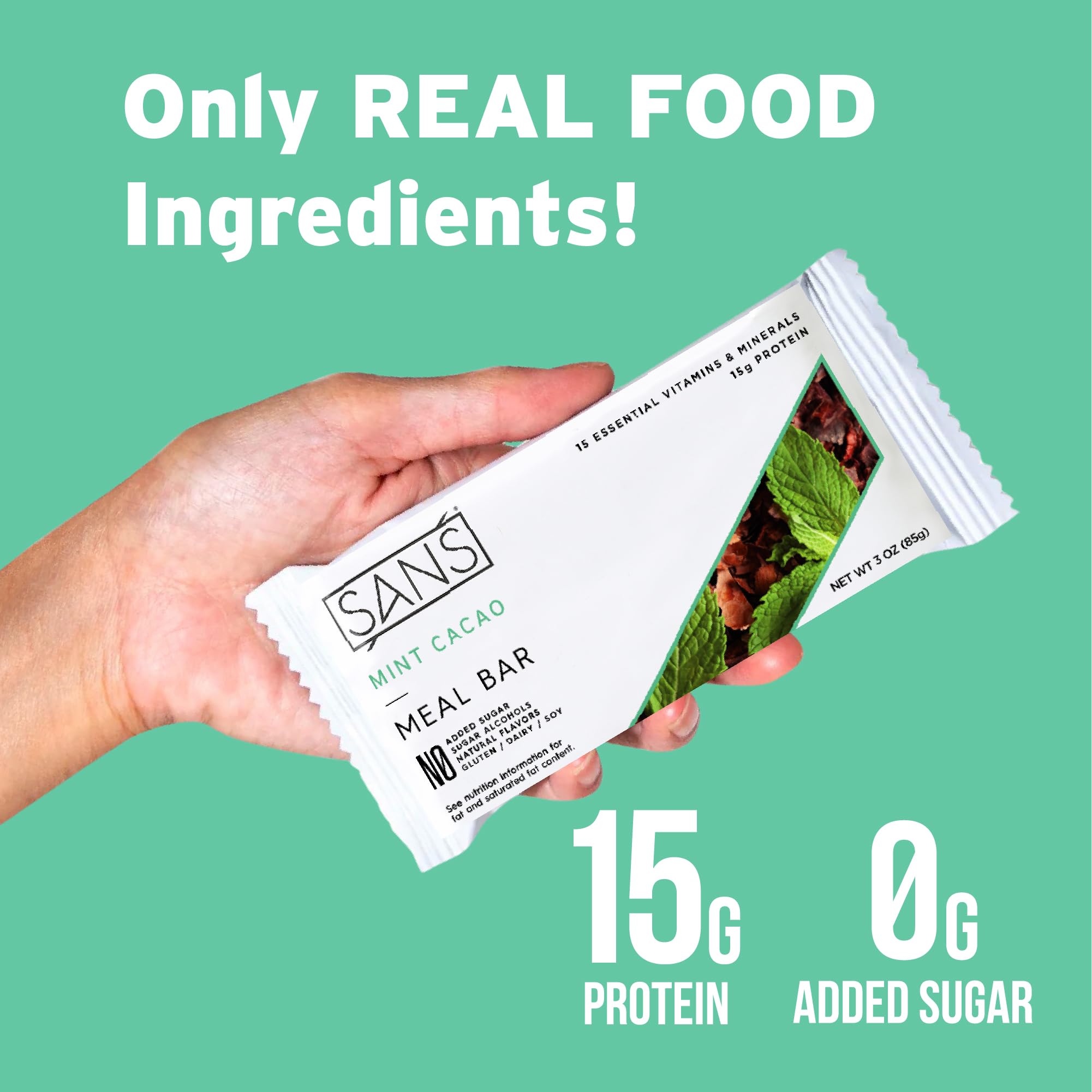 SANS Mint Cacao foil unwrap closeup emphasizes convenient dairy-free bite