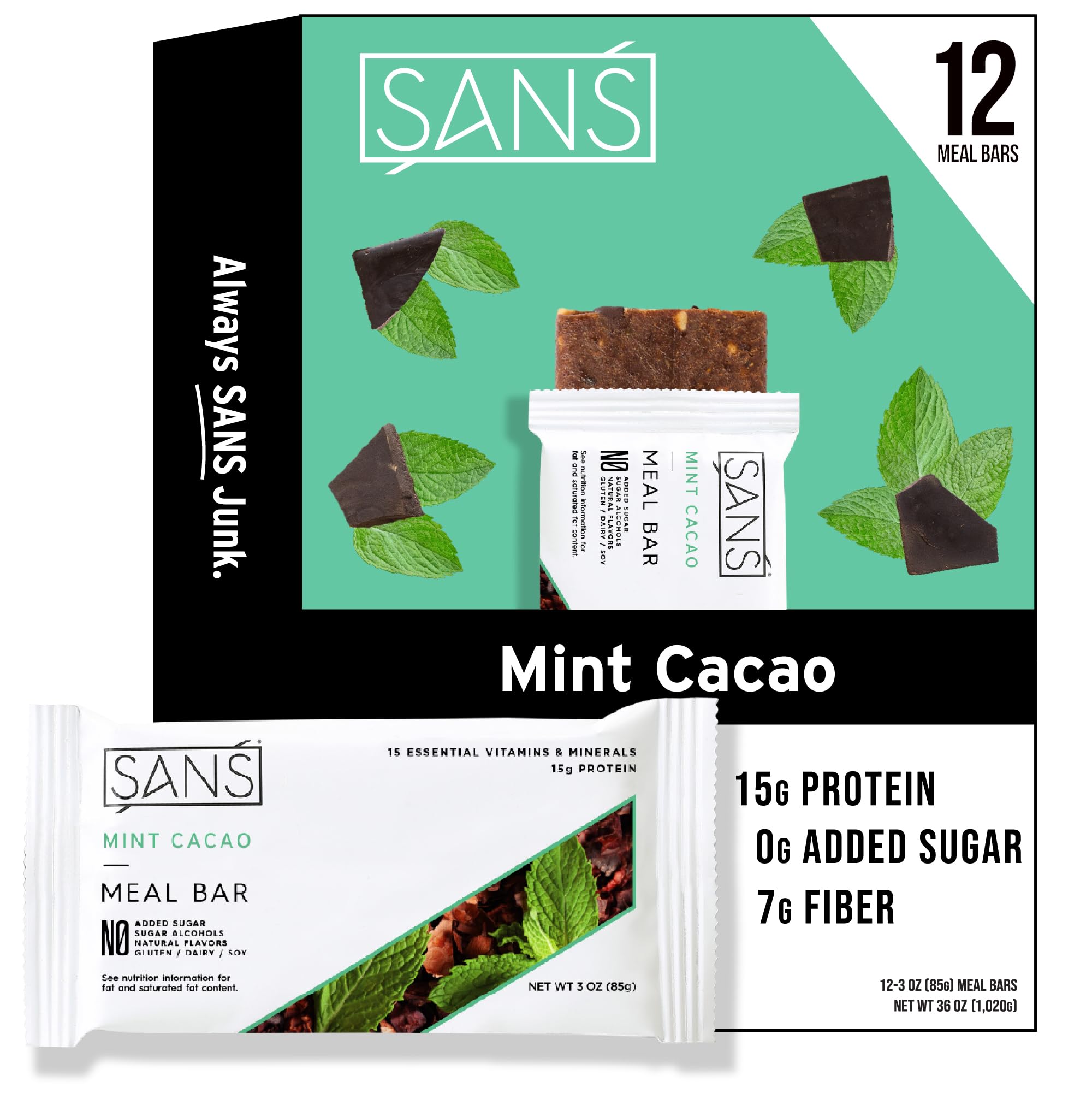 SANS Mint Cacao packaging shows gluten-free dairy-free nutrition for on-the-go snacking